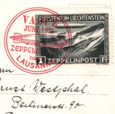 LIECHTENSTEIN Air 1Fr *GRAF ZEPPELIN* RP Card Vaduz 1931 Red CDS Lausanne KZ3 — 第 1/4 张图片