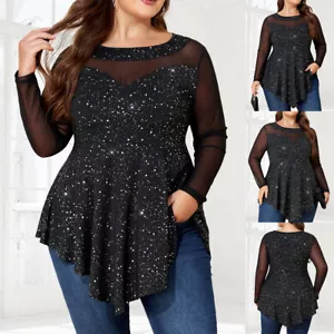 Plus Size Sexy Womens Sequin Mesh Tunic Tops Pullover Ladies Long Sleeve Blouse - Picture 1 of 17