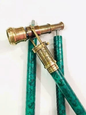 Telescopio Náutico Latón Espía Grabado Mango Brújula Cuero Bastón Foto 1 de 3