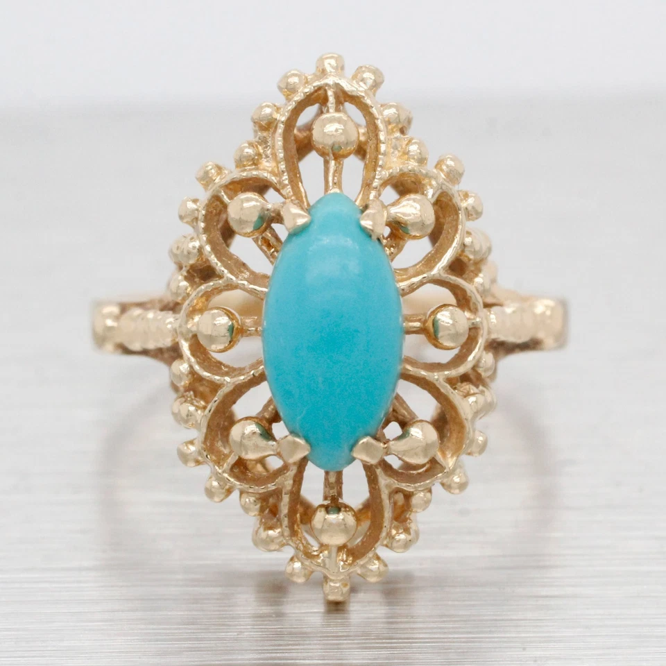 Anillo de cóctel turquesa cabujón marquesa vintage - oro amarillo de 14 k - talla 5,75 Foto 1 de 4