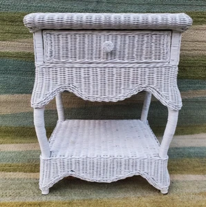 Vintage Old Ornate Rattan Wicker Single Drawer 2 Tier Side End Table Nightstand - Picture 1 of 15