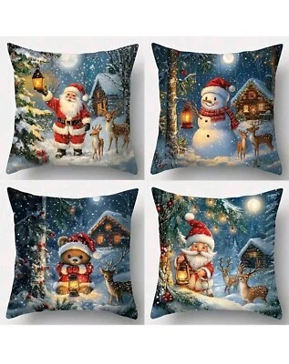 Набор из 4 очаровательных рождественских наволочек с оленями Санта-Клаусом и друзьями - Изображение 1 из 4