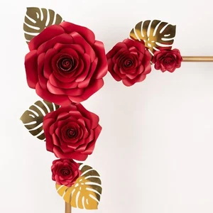 9 RED 3D Rose Paper Flowers with Gold Monstera Leaves Wedding Decorations - Picture 1 of 8
