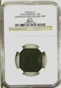 Germany 10 Pfennig 1918 NGC MS 61 UNC Zinc Ludwigshafen Eklund-989 Notgeld - Picture 1 of 4