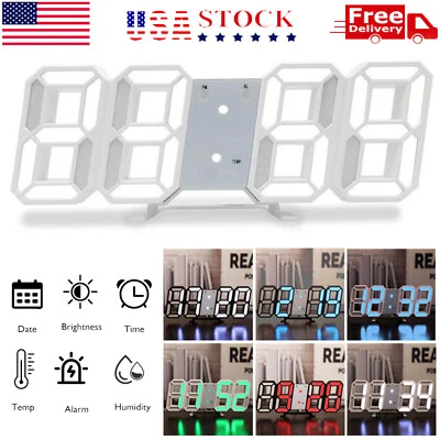 Digital 3D LED Big Wall Desk Alarm Clock Snooze 12/24 Hours Auto Brightness USB - Image 1 of 4