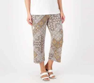 Susan Graver Passport Printed Liquid Knit Slim Leg Crop Pants Sand 1X A602043 - Picture 1 of 2