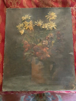 Toile TABLEAU PEINTURE Signée Bouquet de FLEURS Peintre Franco Belge 1872-42 - Photo 1/2