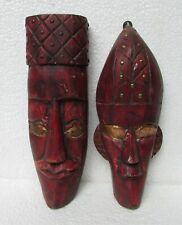 2 Pc Old Hand Carved Wooden Brass  Fitted Tribal Mask Face Bust Wall Hanging 