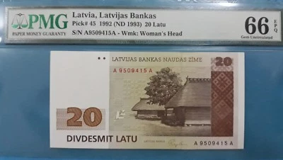 1992 Latvia 20 Latu PMG66 EPQ GEM UNC  <P-45> 1st Prefix A - Image 1 of 2