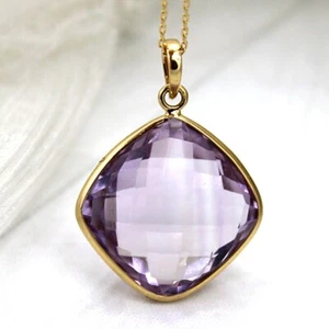 Natural Amethyst Fine Pendant Fancy Faceted Cushion 18k Yellow Gold February - Picture 1 of 5