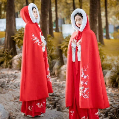 Mujeres Chino Largo Poncho Imitación Piel Capucha Capa Abrigo Suelto Parka Cálido Foto 1 de 4