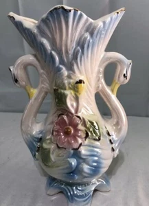 Jarrón cisne de cerámica de colección de 2 asas azul con detalles dorados brillo años 50 - Imagen 1 de 8