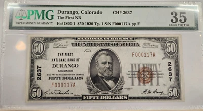 1929 $50 The First National Bank of Durnago Colorado PMG VF35 CH# 2637 - Image 1 of 2