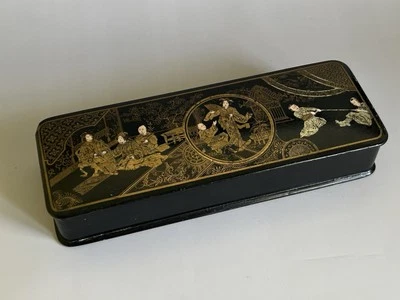 Antique Japanese  Paper Mache Black Lacquer Box Gilt Painted Meiji Era - Image 1 of 4