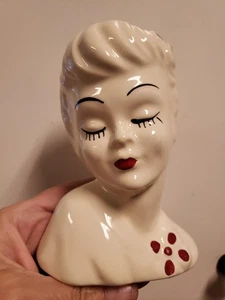 Vintage 1950’s Porcelain Lady Head Vase Cream Red Black 4x2.5x5 MINT MCM Glamor - Picture 1 of 6