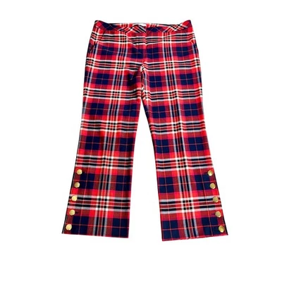 Pantalones acampanados a cuadros TRINA TURK para mujer 14 rojo azul marino blanco dorado botón tobillo Foto 1 de 4