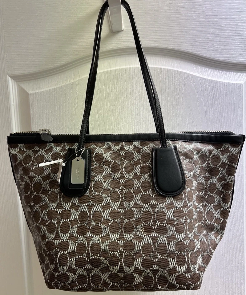 Coach Coated Linen Signature Taxi Zip Top Tote 33504 (Brown/Black)