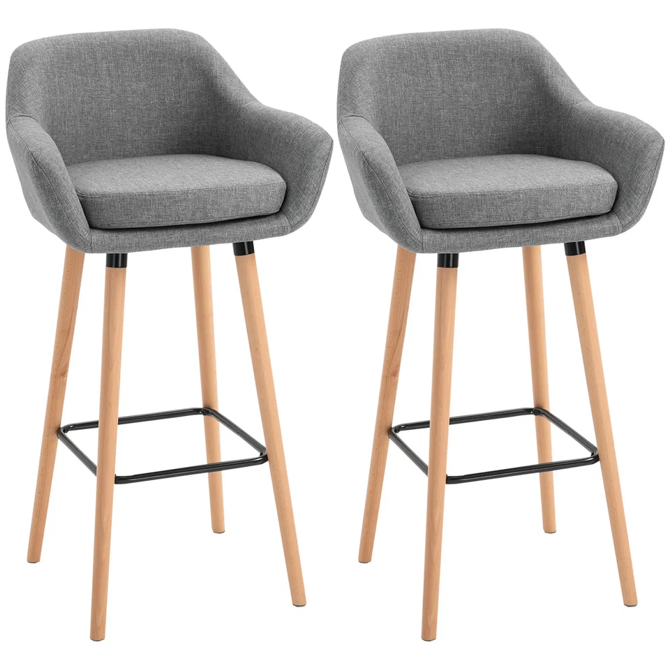 2 Modern Bar Stools with Upholstered Seats Metal Frame Solid Wood Legs Linen - Image 1 of 1