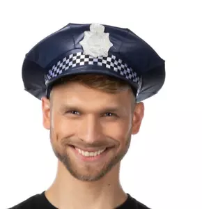 Police Hat Dark Blue Fancy Dress Checkered Hat Costume Fancy Dress Halloween - Picture 1 of 1