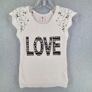 Total Girl White Black & Silver Lace Shoulder Love Theme Cap Sleeve Top S 7/8 - Picture 1 of 7