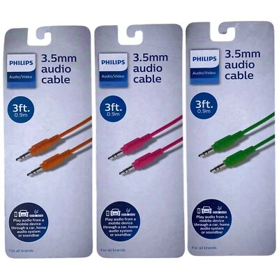 3 - Cable de audio/vídeo Philips 3,5 mm 3 pies para coche, hogar (rosa naranja verde) ¡NUEVO! Foto 1 de 4