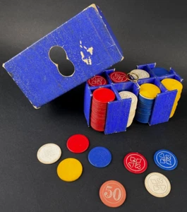 Vintage Clay Poker Chip Caddy Portable Box Set with 217 Chips Blue 7"x4" Size - Picture 1 of 11