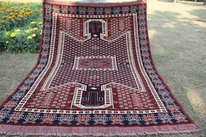 Alfombra antigua beige roja estilo caucásico afgano 4'10x6' pies alfombra Bukhara anudada a mano - Imagen 1 de 12