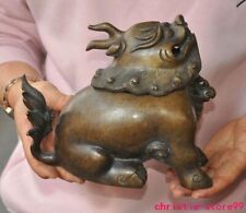 7.6" old China bronze fengshui Fu Foo Dog Lion Incense burner Censer statue