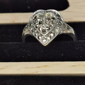 Vintage Silber & Markasiten Cluster Ring UK Größe O Art Deco Retro Herzform - Bild 1 von 12