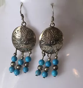 Orecchini Vintage Southwest Concha Argento Sterling Con Pendente Pietra Blu - Foto 1 di 12