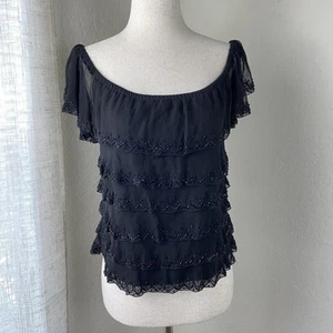 Top vintage cache 12 livelli seta perline nero stravagante gotico fuori spalla Y2K - Foto 1 di 9