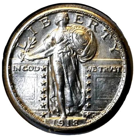 1918 Standing Liberty Quarter, Close Gem, Strong FH, Original Luster & Toning Cover