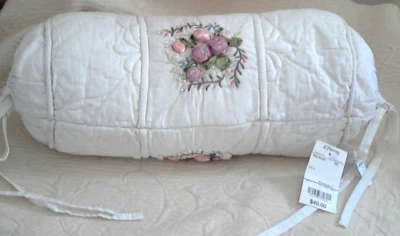 JCPenney White Embroid Bolster Pillow 16x6x6" Tie Ends Filled Insert Orig Tag - Image 1 of 4