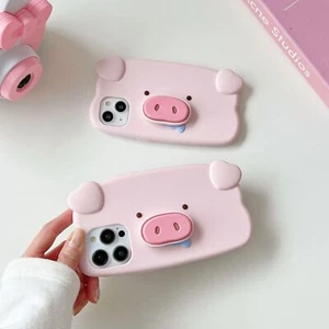 For iPhone 16 15 14 13 12 11 Pro Max 3D Piggy Bracket Silicone Phone Case Cover - Picture 1 of 13