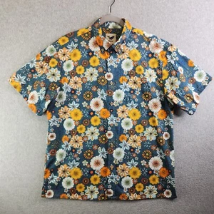 Yiume Shirt Mens M Blue Orange Hawaiian 60s Floral Print Aloha Tropical Beachy - Picture 1 of 13