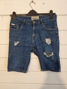 Pantalones cortos de mezclilla para hombre VON DUTCH desgastados W32 ajustados elásticos retro medianos azules lavados en muy buena condición - Imagen 1 de 11