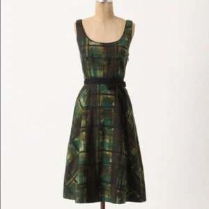 New! 0 Anthropologie NWOT Green "Painted Plaid Dress" - Picture 1 of 9