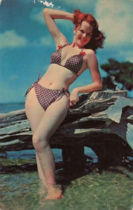 Risque Ginger Pin Up Niña Mujer en Bikini a Lunares, Madera a la deriva, Postal Vintage - Imagen 1 de 2