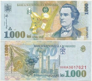 RUMANIA 1998 Ligeramente Circulada Crispy ""1000 LEI"" Nota ESPECTÁCULOS Poeta MIHAI EMINESCU - Imagen 1 de 3