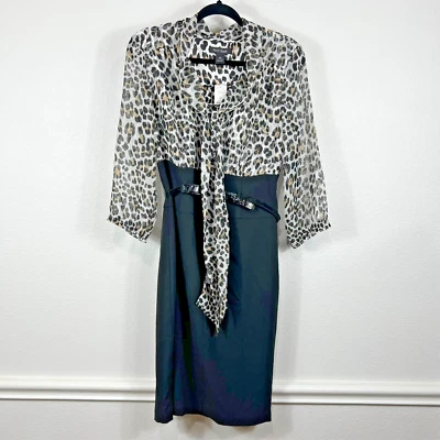 White House Black Market Fitted Dress Women's 10 Leopard Black Lined With Belt - Image 1 of 4