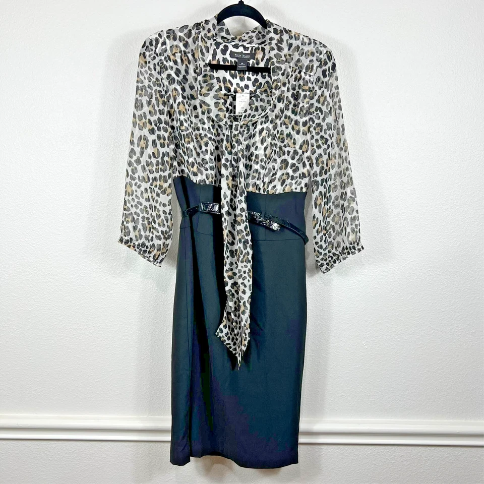 White House Black Market Fitted Dress Women's 10 Leopard Black Lined With Belt - Image 1 of 4