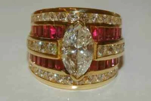 4Ct Marquise Lab Created Red Ruby Engagement Women's Ring 14K Yellow Gold Plated - Picture 1 of 7