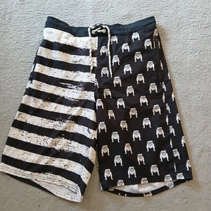 Airwalk Board Shorts Mens Medium Black White Pockets Bulldogs Swim Trunks Lined - Picture 1 of 15