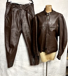 Conjunto de 2 piezas de abrigo y pantalón chaqueta de cuero marrón vintage años 60 para hombre etiqueta original - Imagen 1 de 11