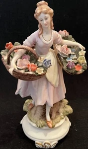 Vintage Antique Dresden Germany Porcelain 7.5" Figurine Lady with Flower Baskets - Picture 1 of 4