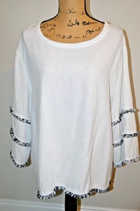 Cynthia Rowley White Top with Black/White Fringe on Sleeves & Bottom - 2X - Picture 1 of 2