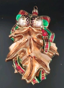 Glass Oak Leaf With Acorns & Ribbon Glitter Large Ornament Holiday Christmas - Picture 1 of 9