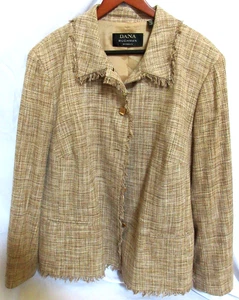 Dana Buchman Woman Brown Silk Tweed Fringe Button Lined Button Jacket SZ 18 NWOT - Picture 1 of 13
