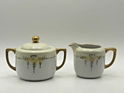 Antiguo juego de azucarero y crema de porcelana pintada a mano - Art Nouveau Foto 1 de 4