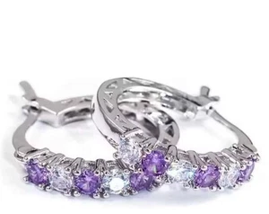 925 Sterling Silver Purple Amethyst Huggy Hoop Earrings [EAR229] - Picture 1 of 3